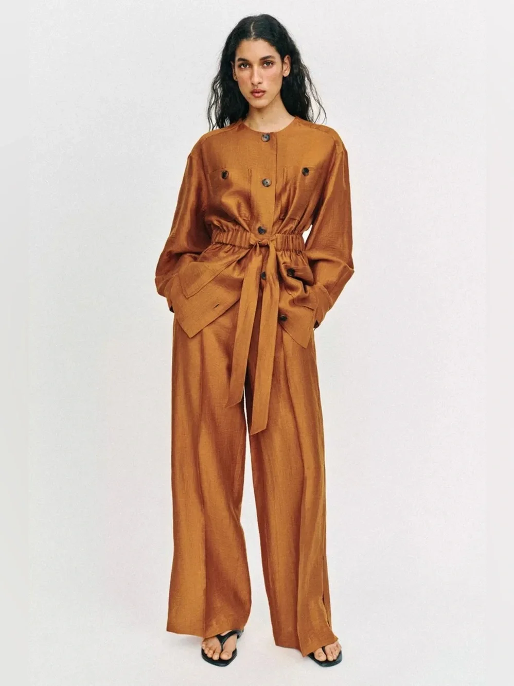 Zara Wide-Leg Paperbag Trousers/ pants Linen blended  in Warm Rust. POP